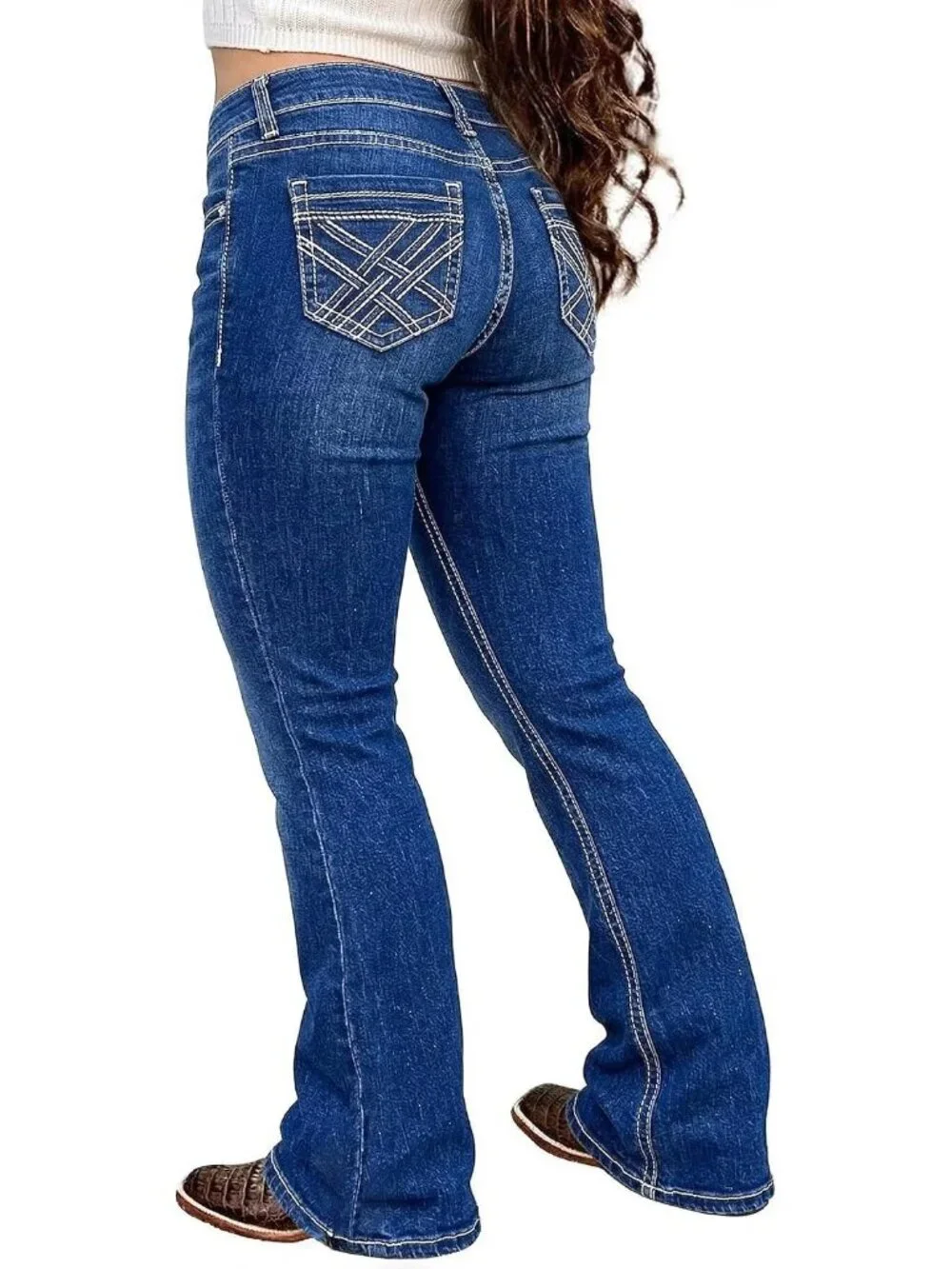 Women's Prussian Blue Pull On Mid Rise Flare Leg Zipper Lifting Bootcut Jeans